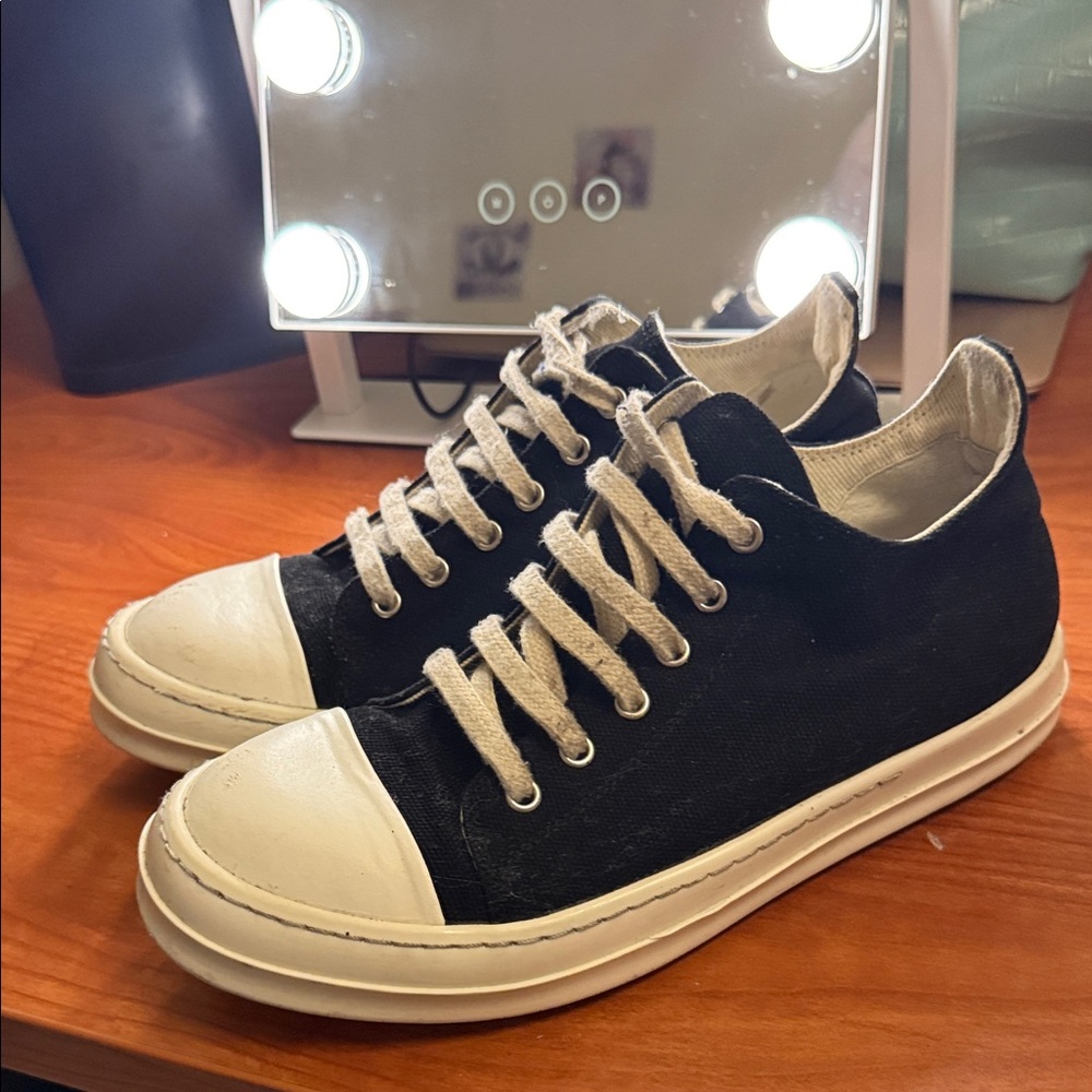 Rick Owens Black Canvas Low-Top Sneakers with White Toe Caps